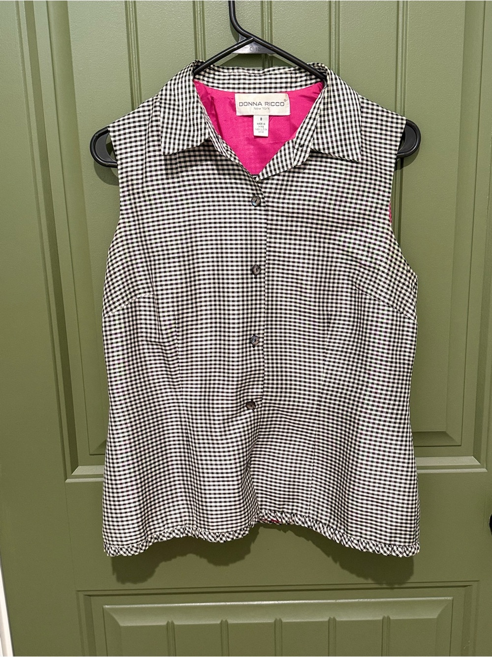 Donna Ricco 100% SilkGingham Sleeveless Button-Up with Pink Lining